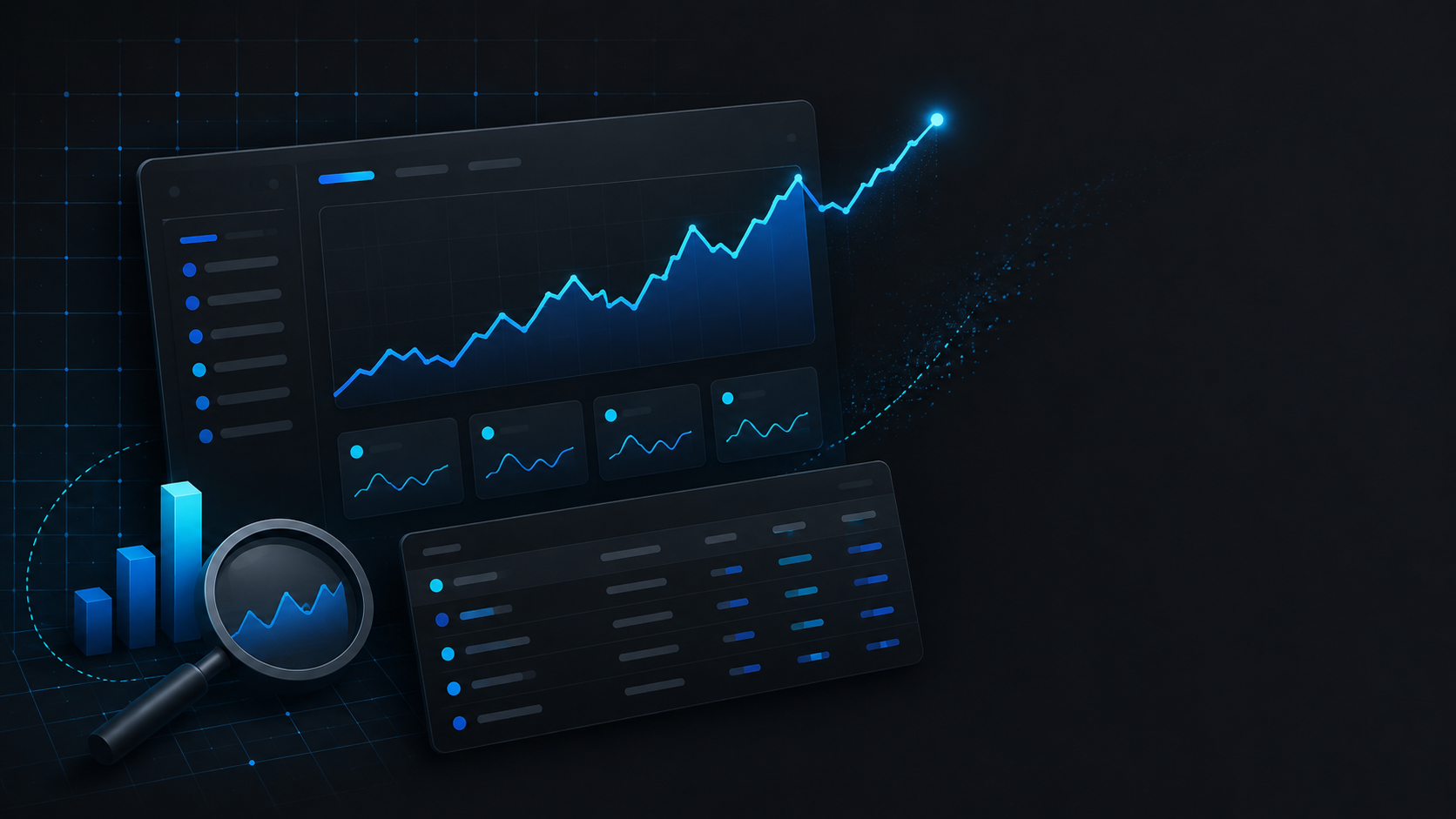 Illustration of a search performance dashboard with a rising line chart